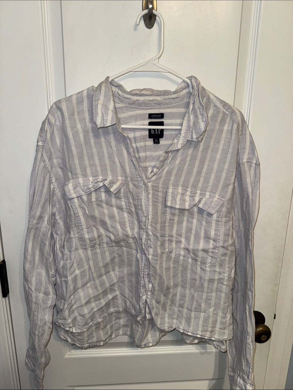 GAP White and Light Blue Vertical-Stripe Button Shirt- Cropped